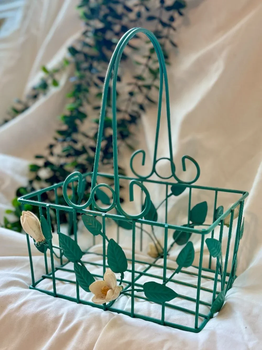 Vintage Green Metal Wire Basket Floral | Floral Vine, Cream Rose Flower